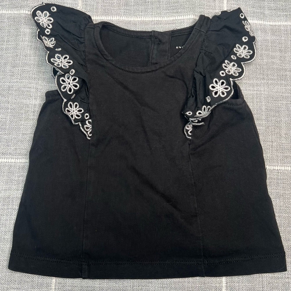 Janie and Jack 12-18 Months Flutter Sleeves Eyelets Floral Black White‎ Tank Top